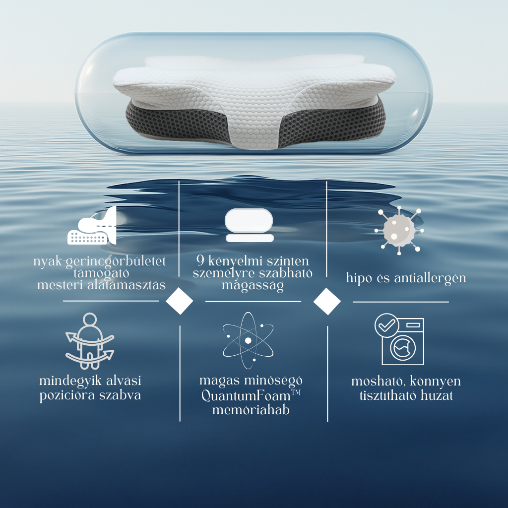 Anatómiai memóriahabos párna QuantumFoam™ technológiával, 9 különböző magassági szinten személyre szabható kényelemmel. Nyak- és gerinctámogatás, hipo- és antiallergén kialakítás, minden alvási pozícióhoz igazodva, mosható huzattal.