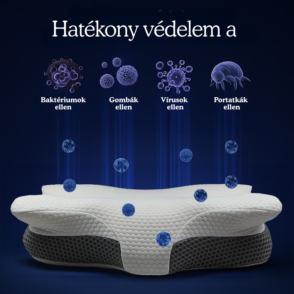 Hipoallergén anatómiai memóriahabos párna hatékony védelemmel baktériumok, gombák, vírusok és poratkák ellen, higiénikus és egészséges alvási környezethez.