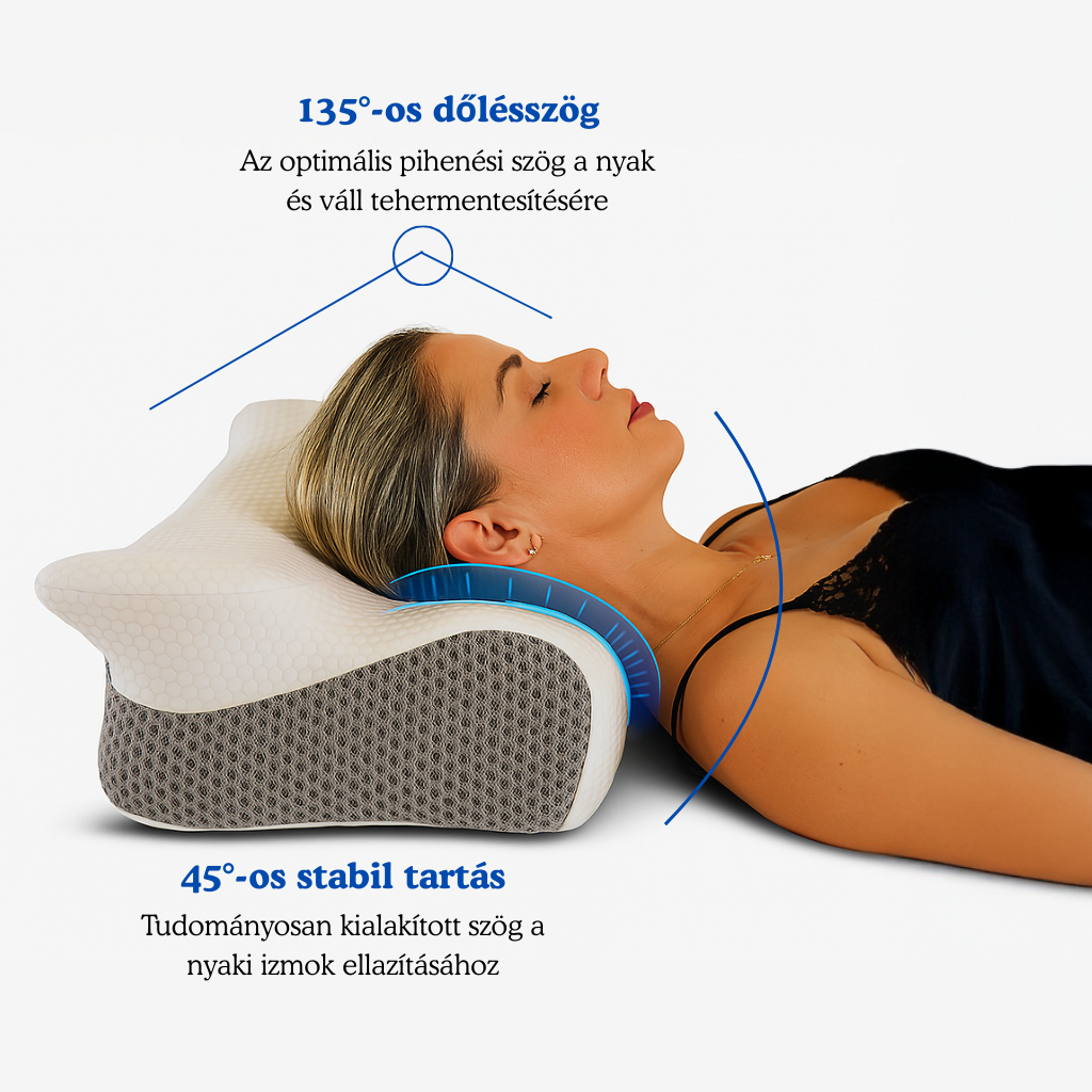 Anatómiai memóriahabos párna 135°-os dőlésszöggel és 45°-os stabil tartással, tudományosan kialakított szögekkel a nyak- és vállizmok tehermentesítéséhez, pihentető és fájdalommentes alváshoz.