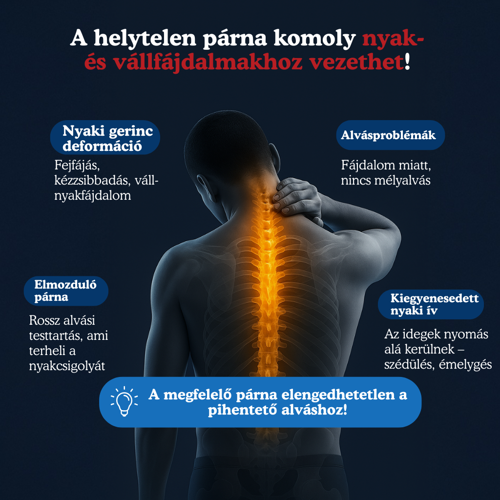 A helytelen párna komoly nyak- és vállfájdalmakhoz vezethet: nyaki gerinc deformáció, elmozduló párna miatti rossz testtartás, kiegyenesedett nyaki ív és alvásproblémák. A megfelelő anatómiai memóriahabos párna segít megelőzni a fájdalmat és támogatja a pihentető alvást.